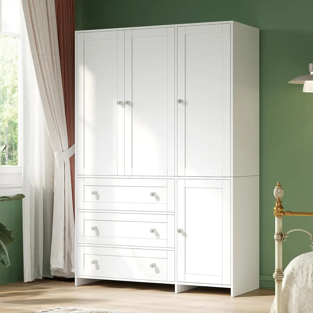 71" Wooden Armoire Wardrobe 3-Drawers Mirror Hanging Rod Large Capacity