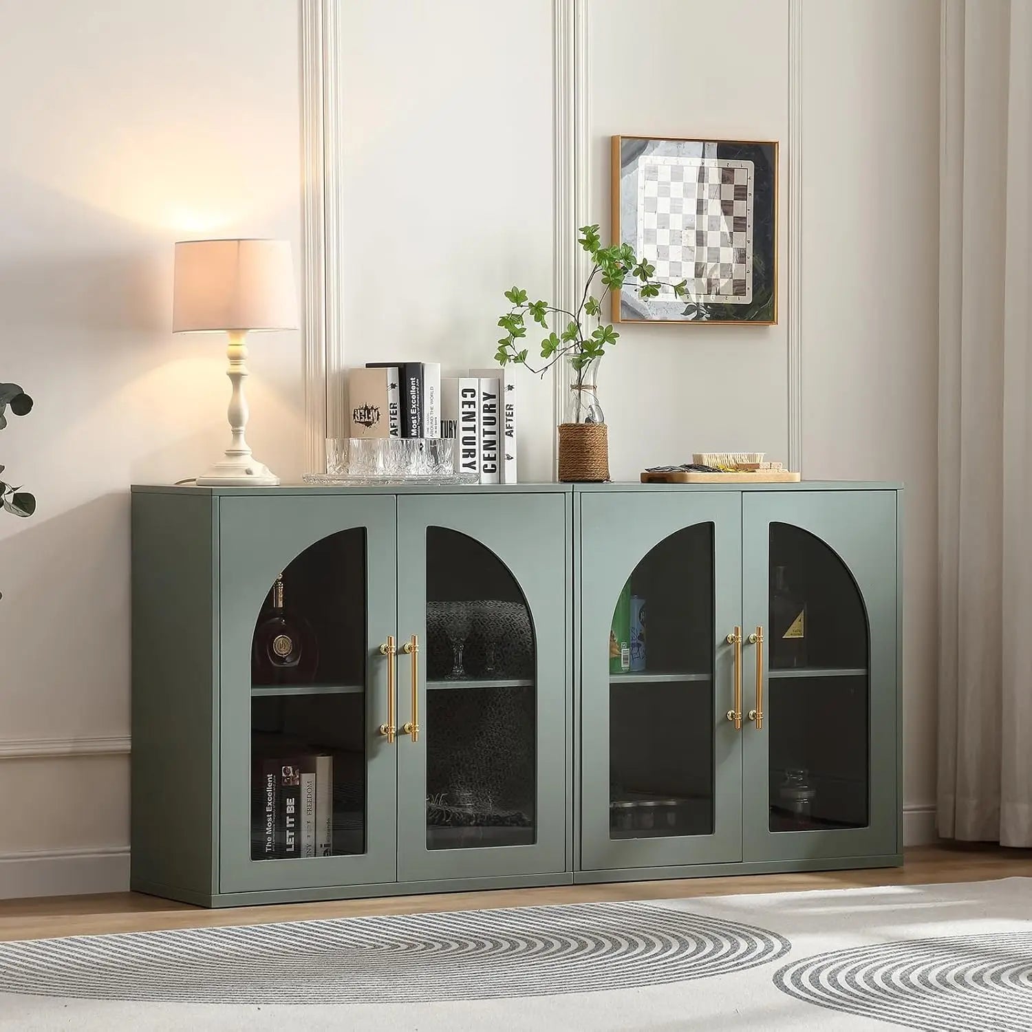 63" Set of 2 Small Buffet Cabinets Arched Glass Doors