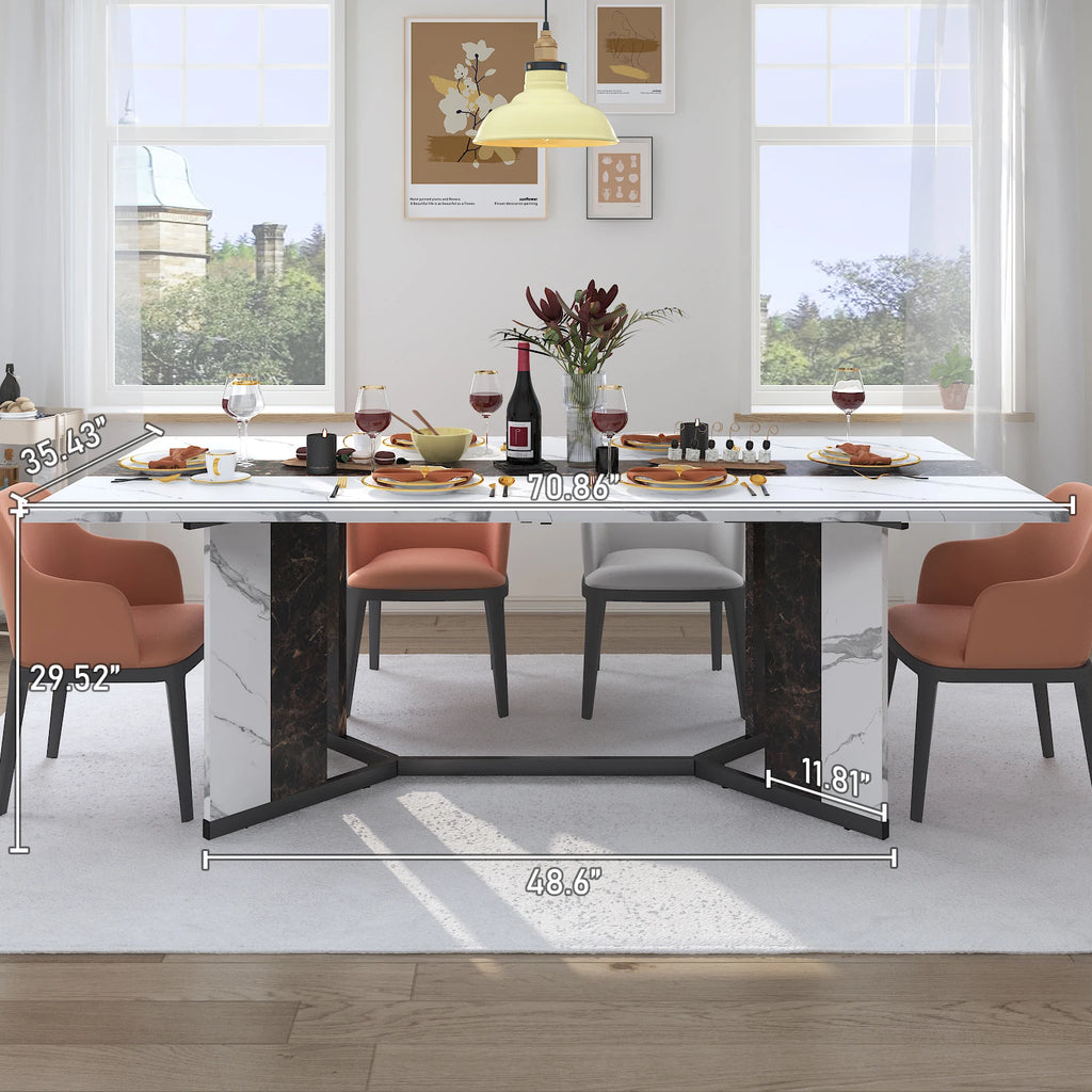 71IN Rectangular Table for 4-10 people, Marble Color Wood Tabletop, Metal Legs