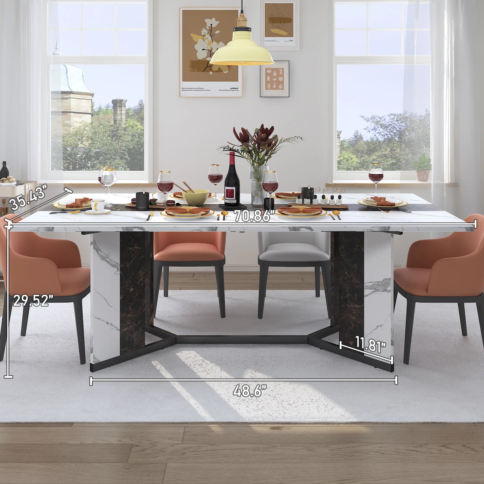 71IN Rectangular Table for 4-10 people, Marble Color Wood Tabletop, Metal Legs
