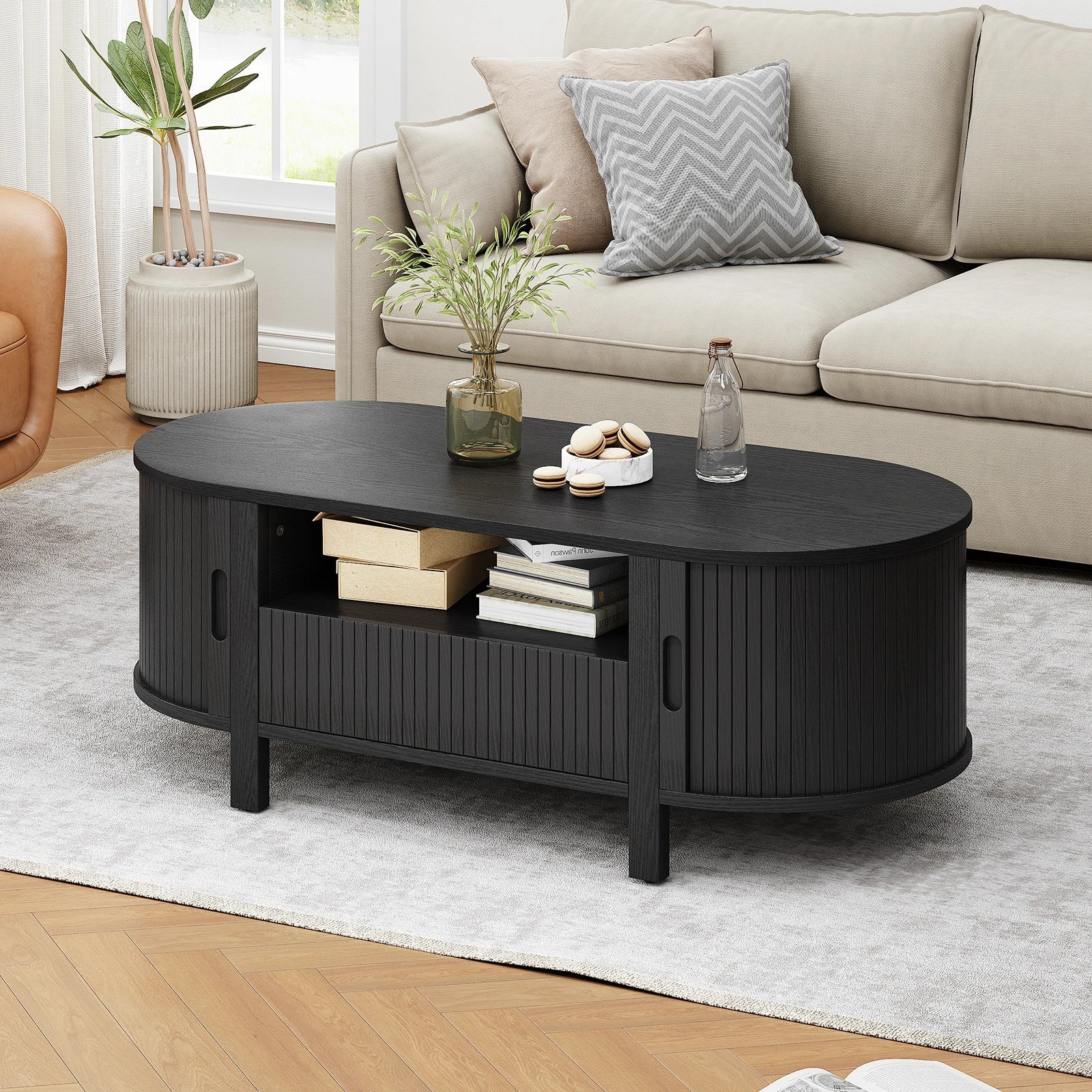 Oval Coffee Table, 47 Inch Fluted with Cabinets & Sliding Doors, Storage