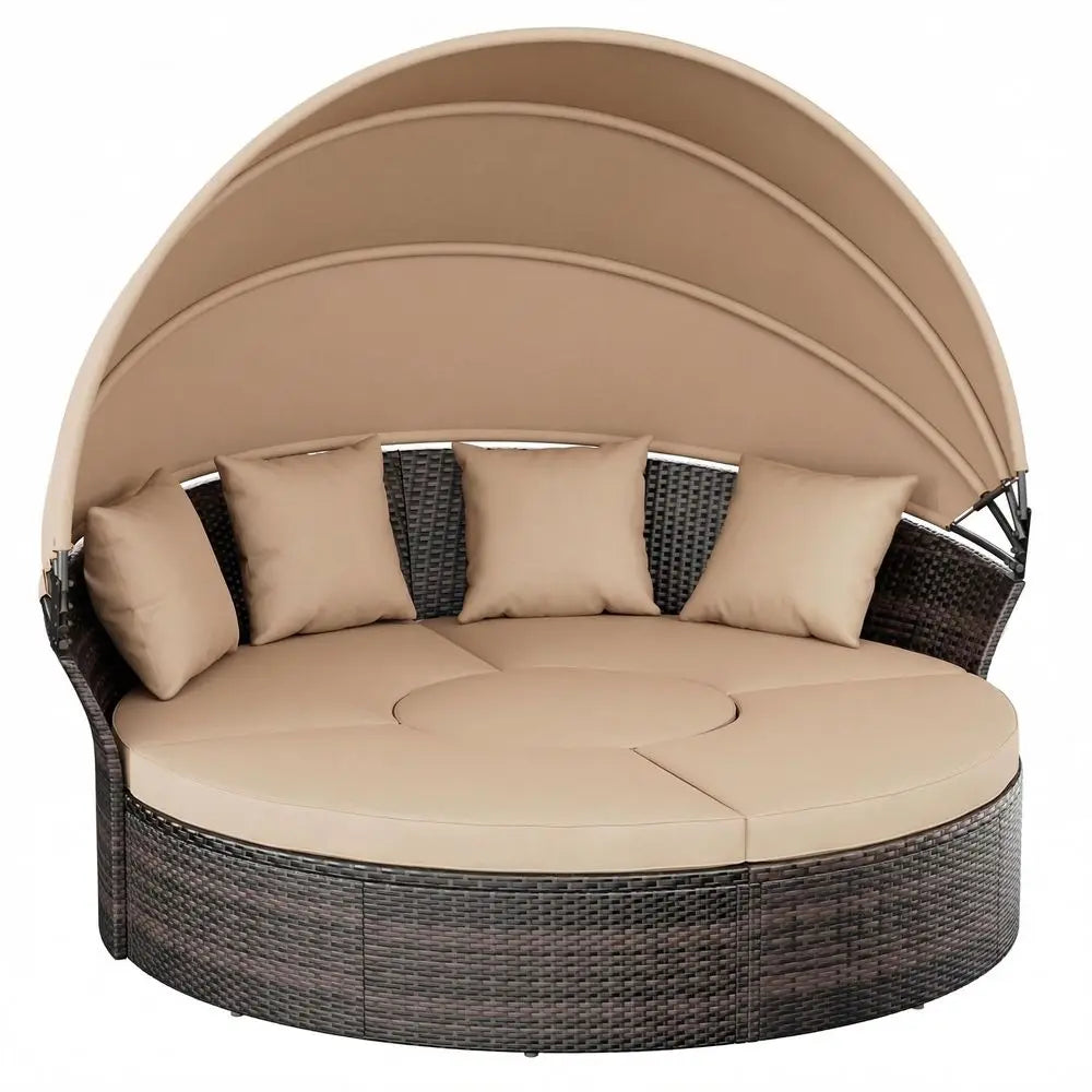 Wicker Rattan Sectional Round Sofa  5-PC w/Retractable Canopy