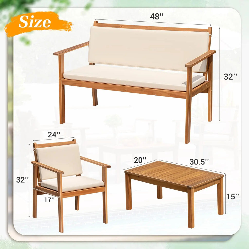 4-Piece Acacia Wood Patio Bistro Set Loveseat Coffee Table Cushion