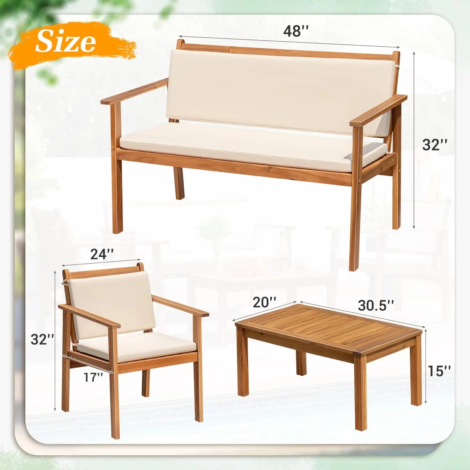 4-Piece Acacia Wood Patio Bistro Set Loveseat Coffee Table Cushion
