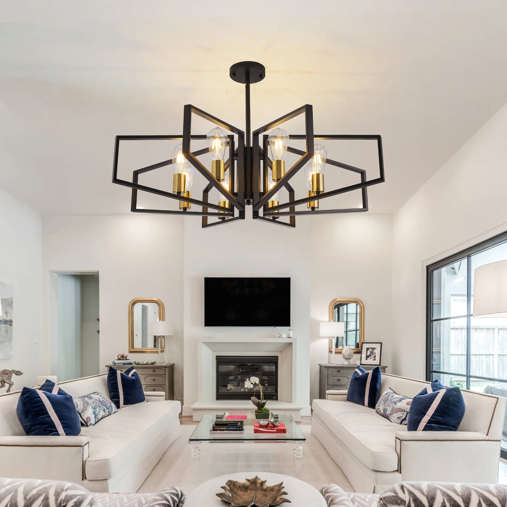 8-Light Chandelier, Adjustable Height, Black Frame, Golden Accents.