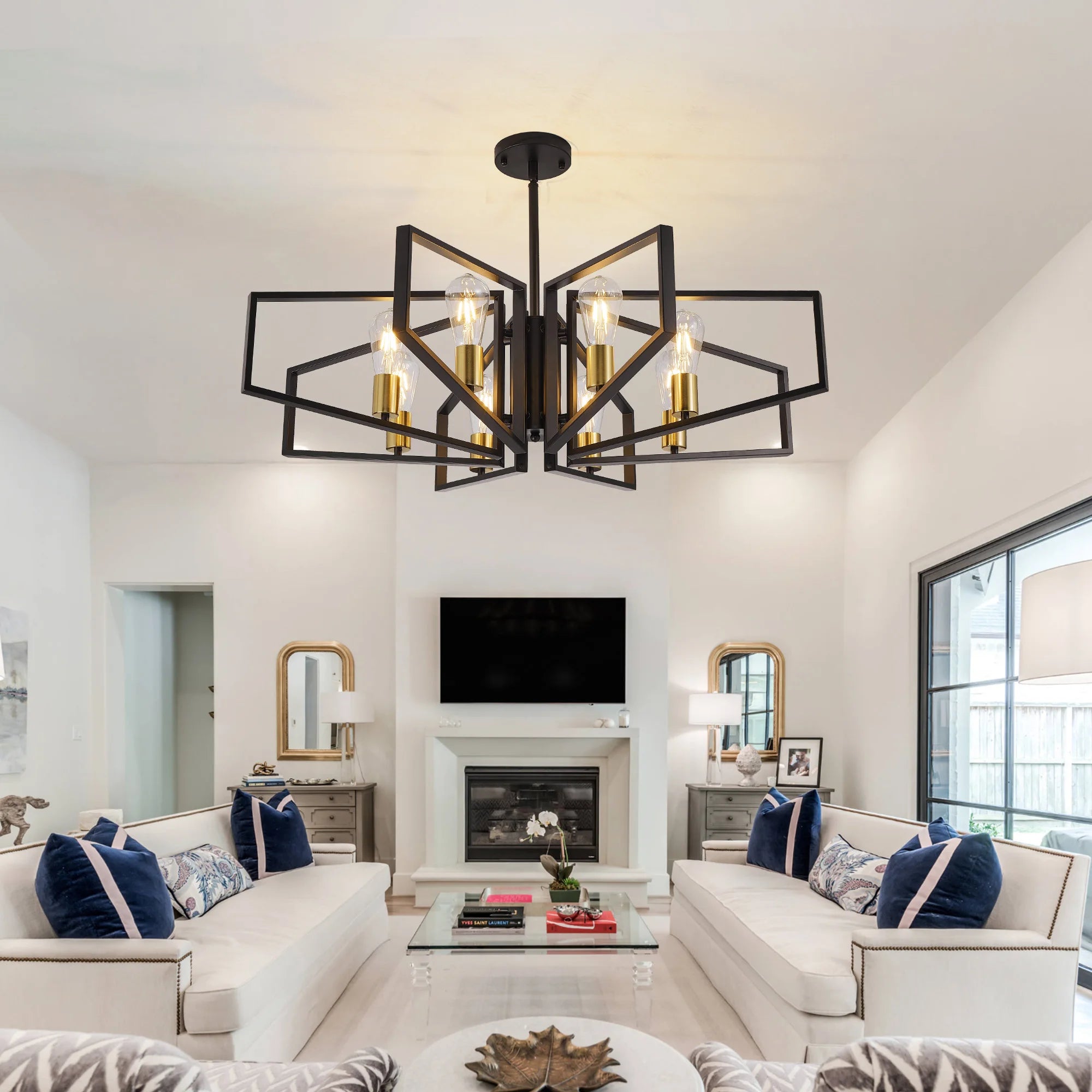 8-Light Chandelier, Adjustable Height, Black Frame, Golden Accents.