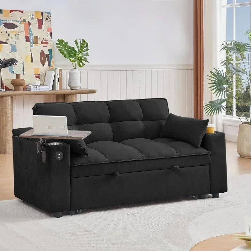 65'' 3-in-1 Folding, Pullout, Convertible Sofa Bed, 360° Swivel Side Table