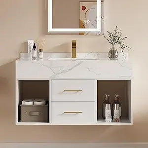 Floating Vanity, Sintered Stone Sink, 2 Drawers, 2 Walnut Doors