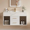 Floating Vanity, Sintered Stone Sink, 2 Drawers, 2 Walnut Doors