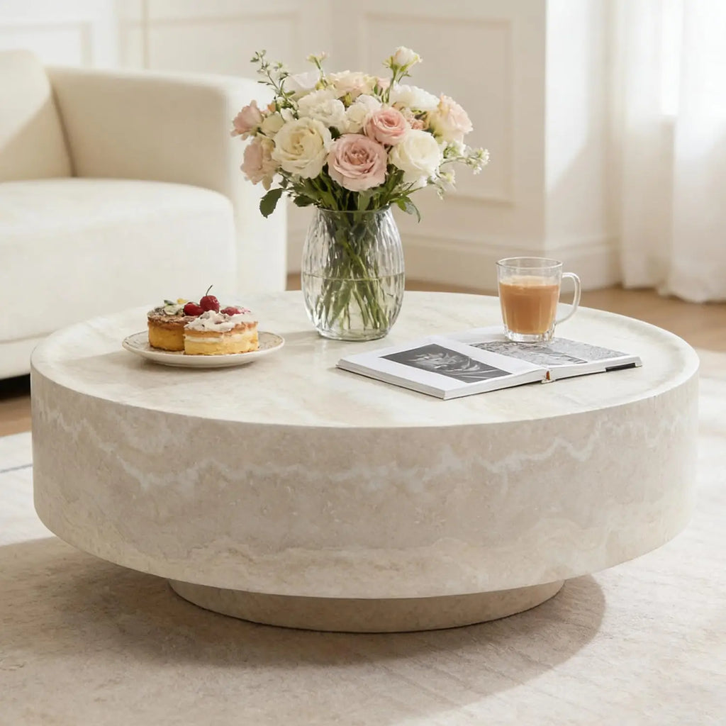 Luxury Faux Marble Round Coffee Table, 35.43IN, Drum Stone Center