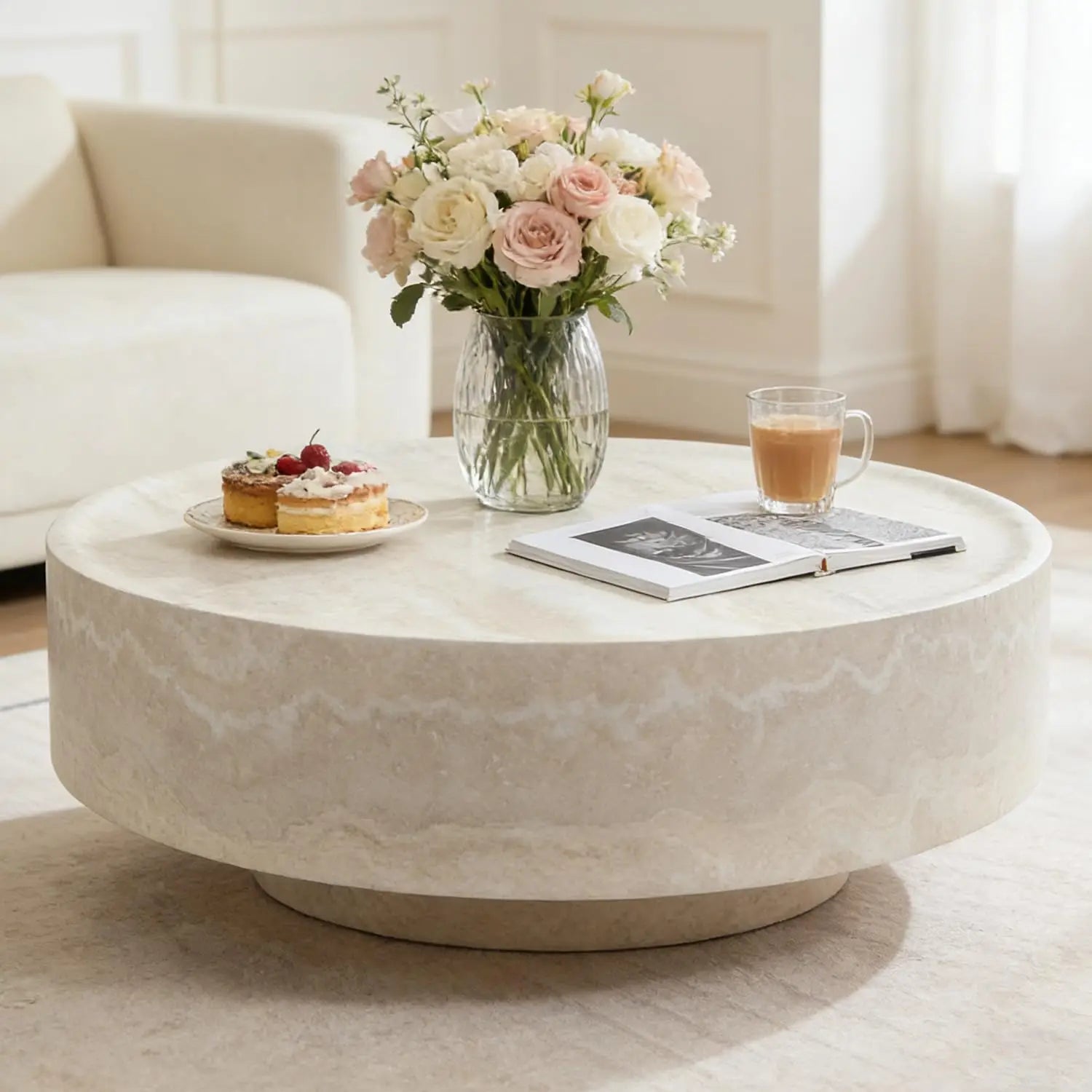Luxury Faux Marble Round Coffee Table, 35.43IN, Drum Stone Center