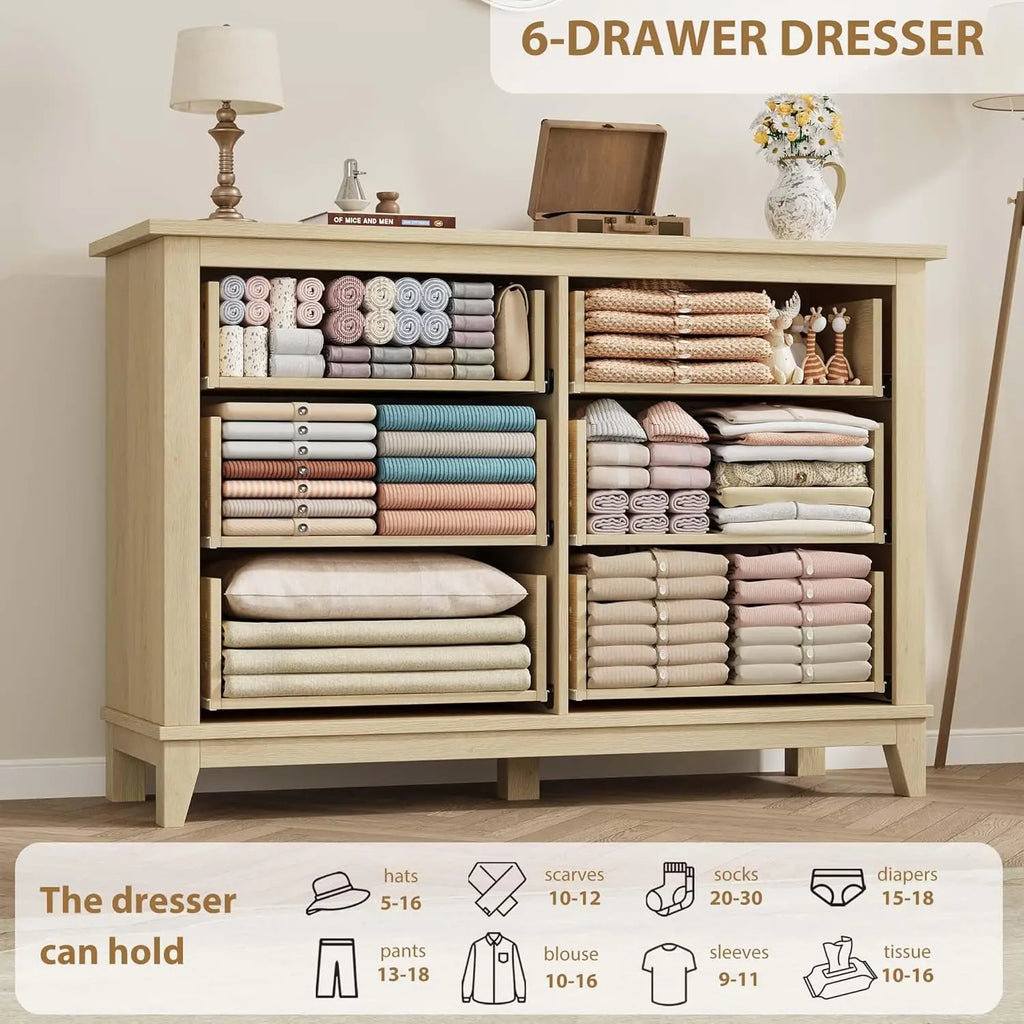 6-Drawer Dresser 47IN Wide Freestanding, Wooden Storage Chest