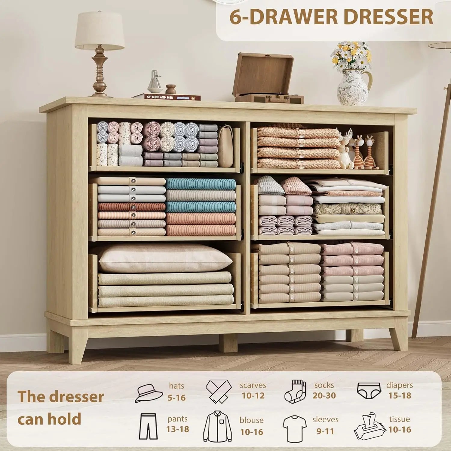6-Drawer Dresser 47IN Wide Freestanding, Wooden Storage Chest