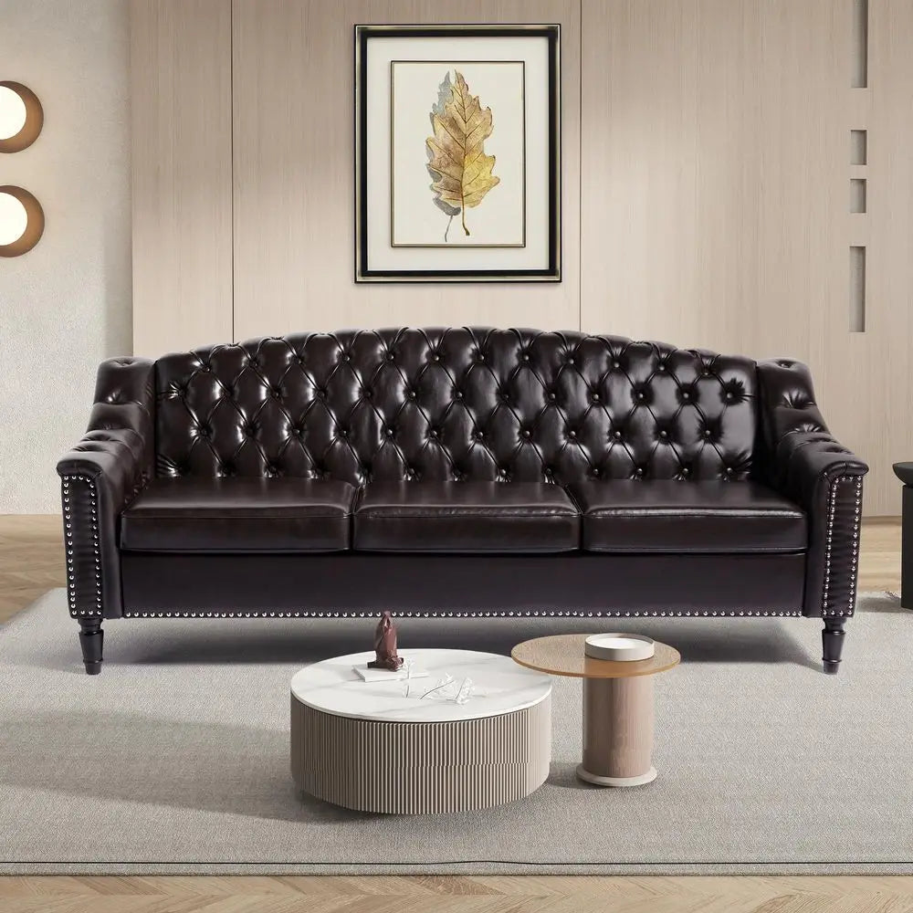 Leather Couch, 80IN, High Back, Chesterfield Sofa Sleeper Settee, Solid Wood Leg