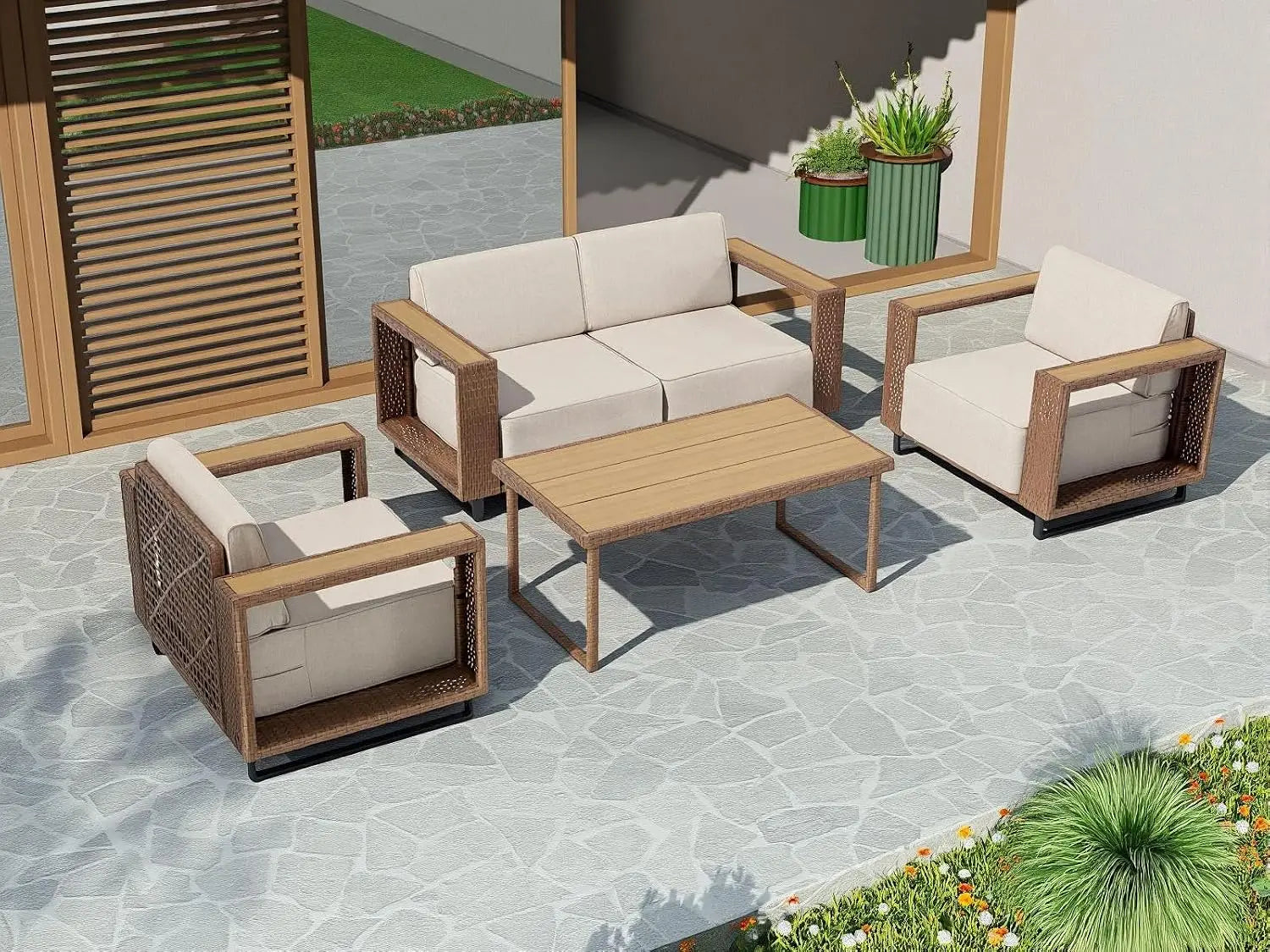 5-Piece Outdoor Patio Furniture Set, All-Weather Sectional Sofa PE Rattan Wicker
