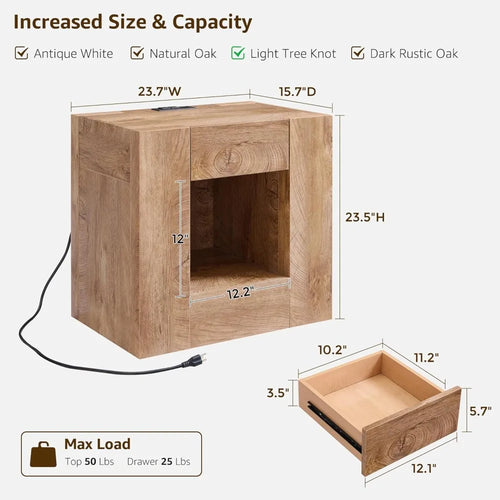 24" Nightstand Charging Station, Hidden Drawers & Open Storage Shelf