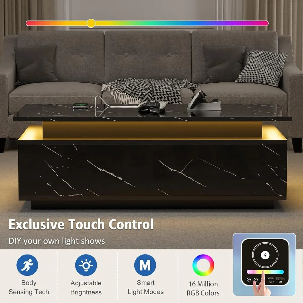 High Gloss Black Coffee Table LED, Storage, Wireless Charging, Speaker