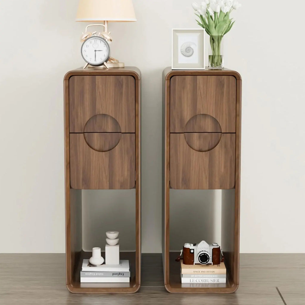 Narrow Fluted End Tables, Set of 2, Wooden 2 Drawers, Slim Nightstands