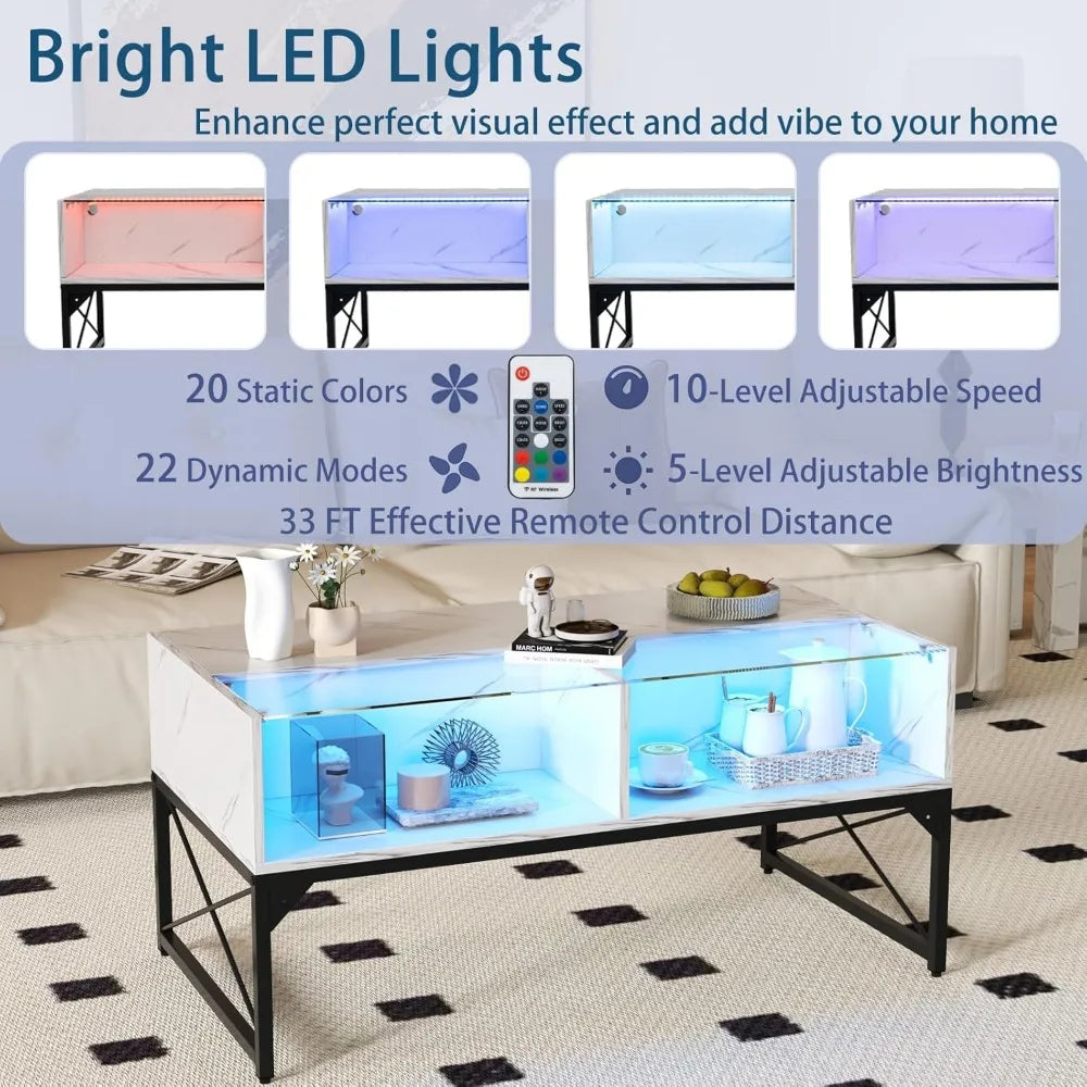LED High Gloss Faux Marble Tempered Glass Top Coffee Table 4 Cubes