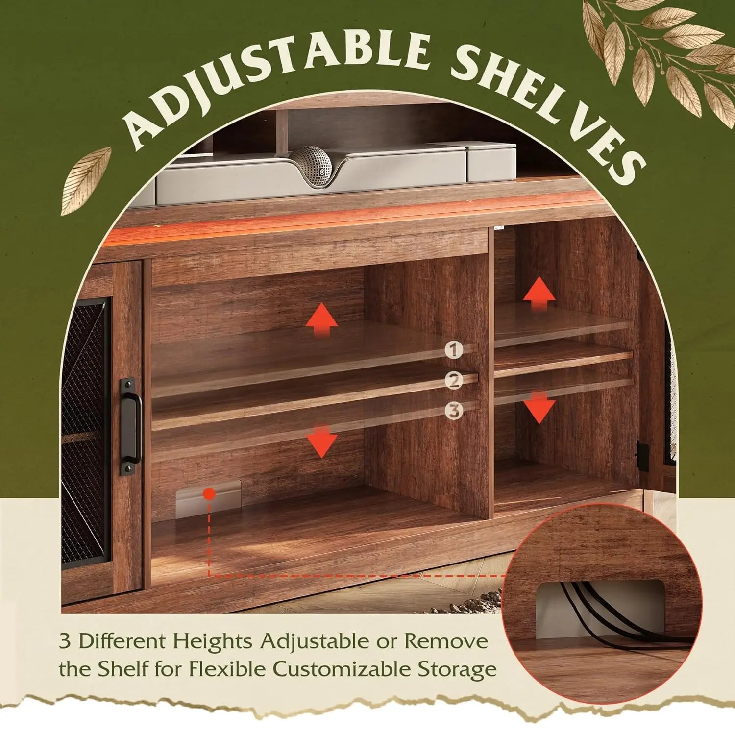 Farmhouse Entertainment Center for TV's Up to 65in, Cabinets, LED Lights