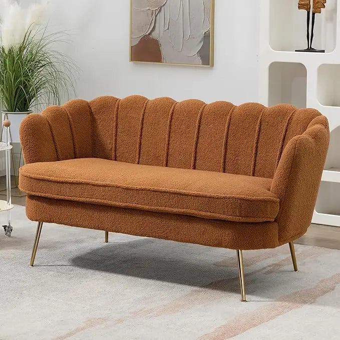 59" Chenille Upholstered Loveseat, Gold Metal Legs, Petal Design
