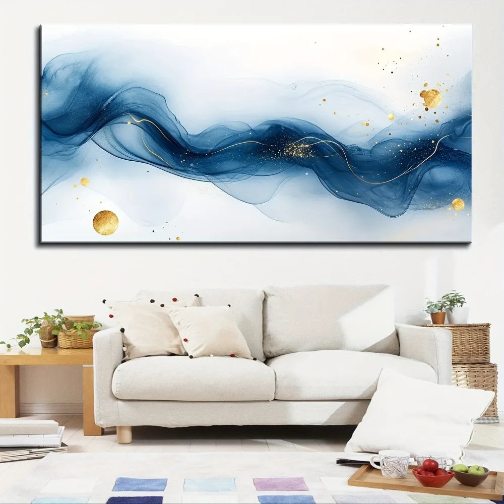 Large Abstract Gold and Blue Gradient Painting, 1.5" thick frame.