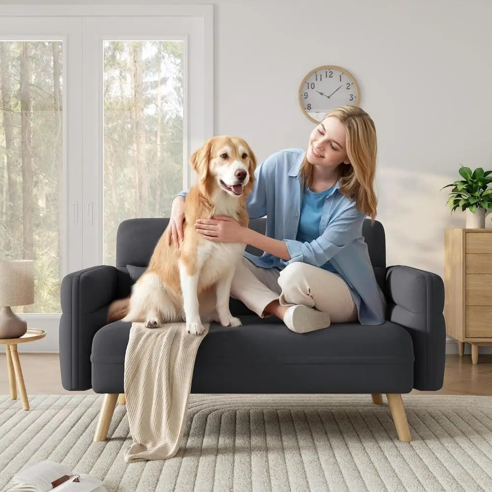46IN  Fabric Sofa Loveseat with Lumbar Pillows, Solid Wood Legs
