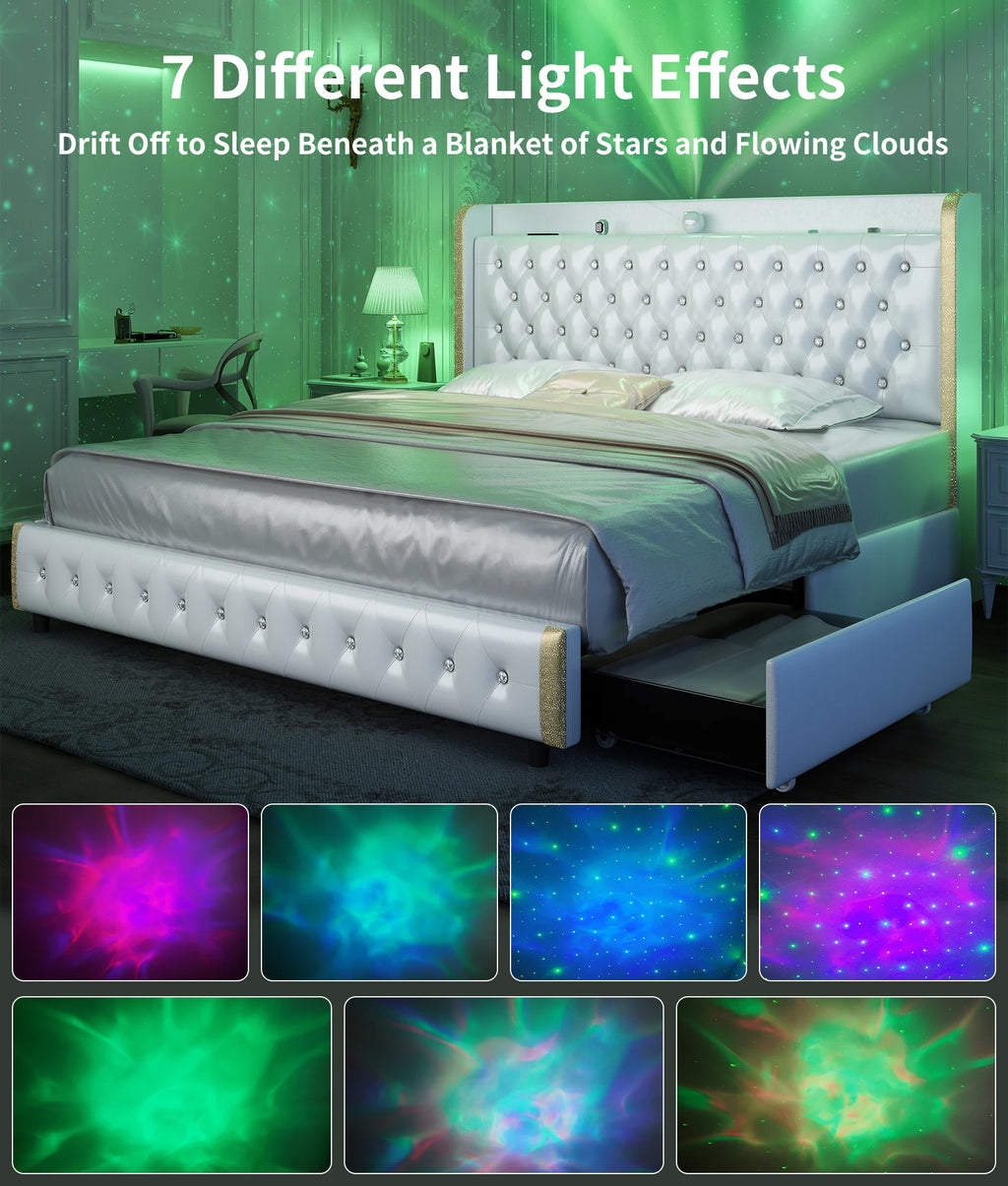 LED Frame, Galaxy Projector, Bluetooth, USB Ports, 4 Drawers, No Box Spring Needed