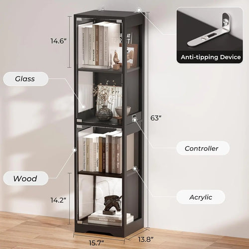 4-Tier Glass Display Cabinet,  Adjustable LED Lights and Sensor