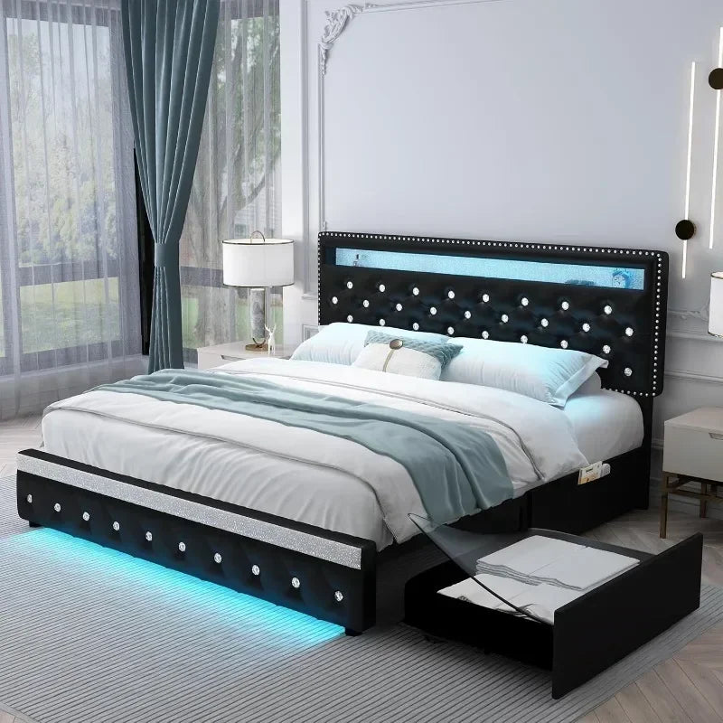 LED Platform Queen Size Bed Frame 2-Drawers Upholstered Design