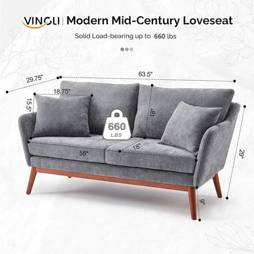 63.5IN Love Seat Couch, Linen Fabric, Two Pillows