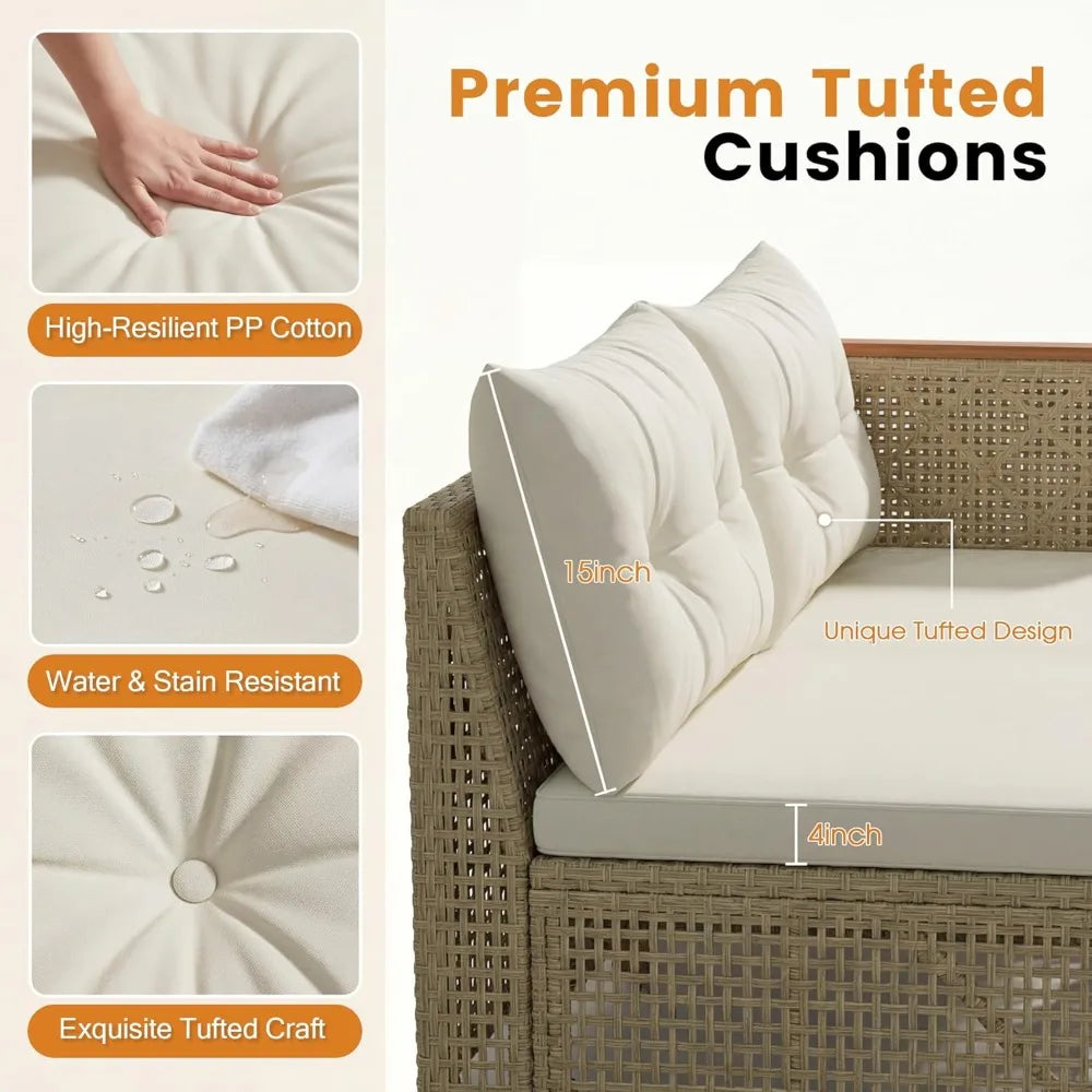 Small Sectional 3-Piece Wicker Patio Furniture Set, Tufted Pillow PE Rattan