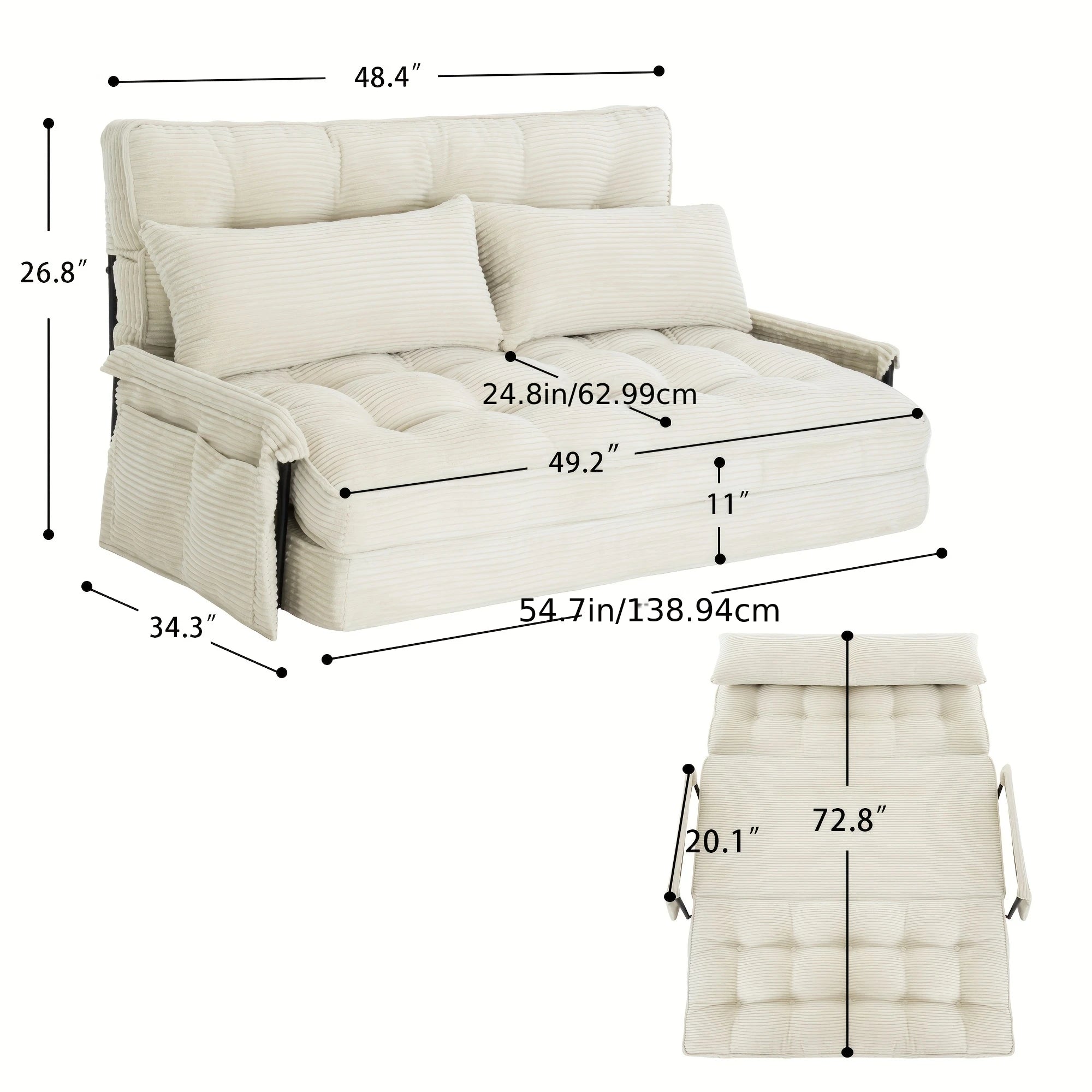 Convertible Foldable Sleeper Chair Memory Foam Corduroy Fabric Metal Frame