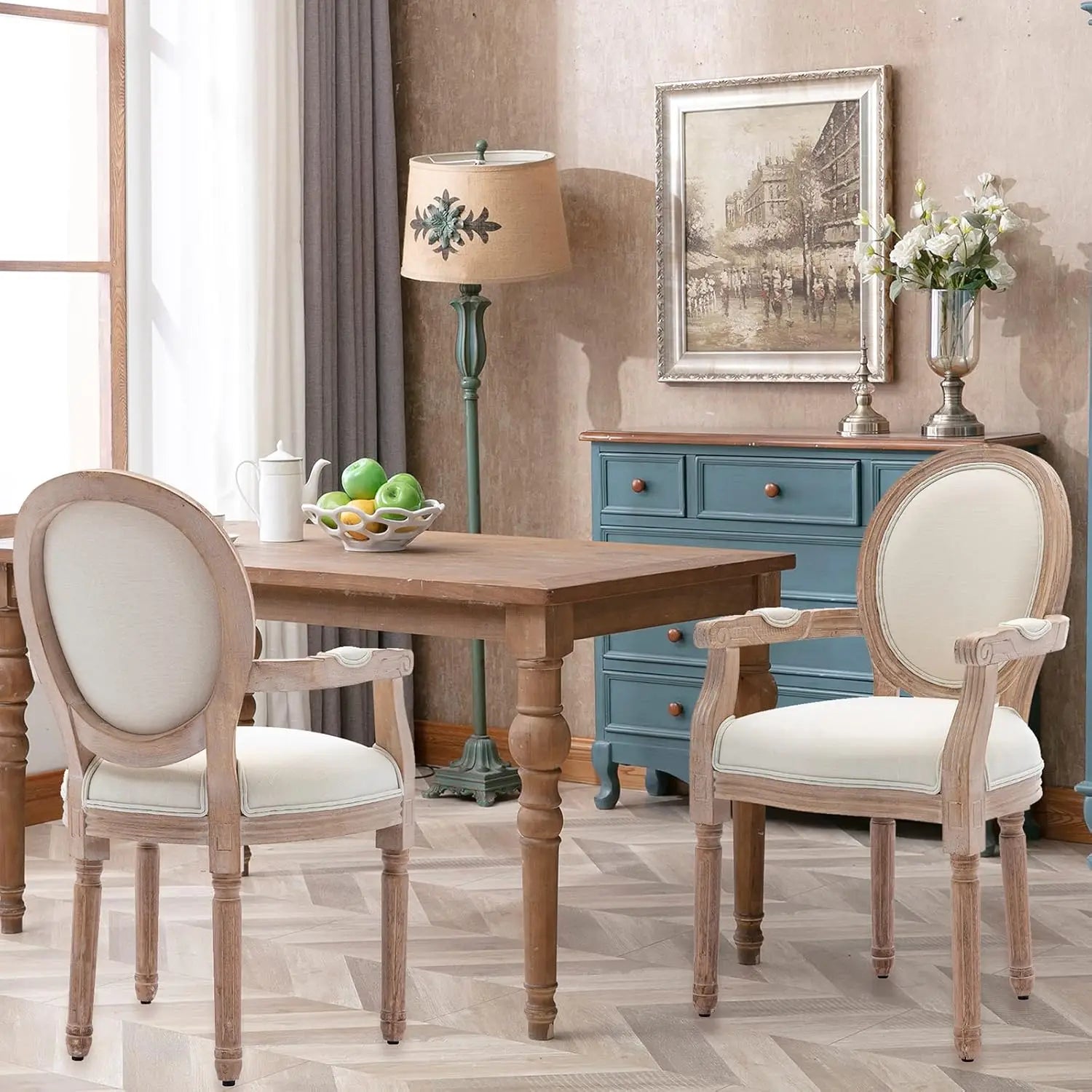 Set-of-2 French Round Back Upholstered Solid Wood Dining Chairs Armrest