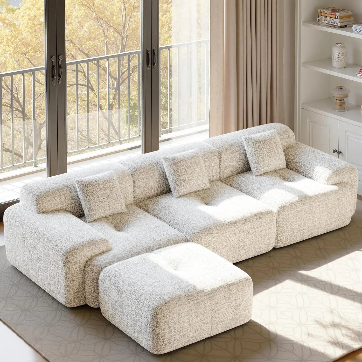 122" L Shaped Boneless Modular Cloud Couch Sectional, Ottoman, 4-Seat