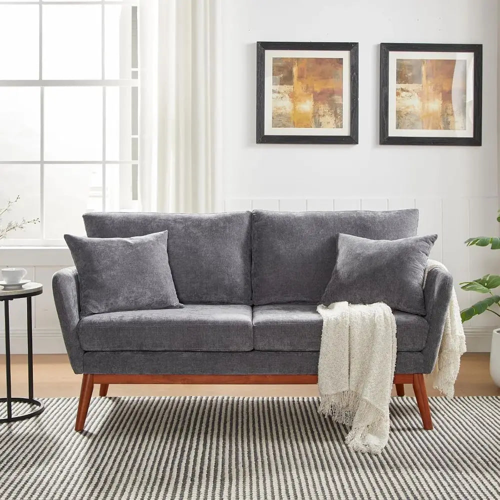 63.5IN Love Seat Couch, Solid Wood 2-Seater, Linen Fabric, Two Pillows