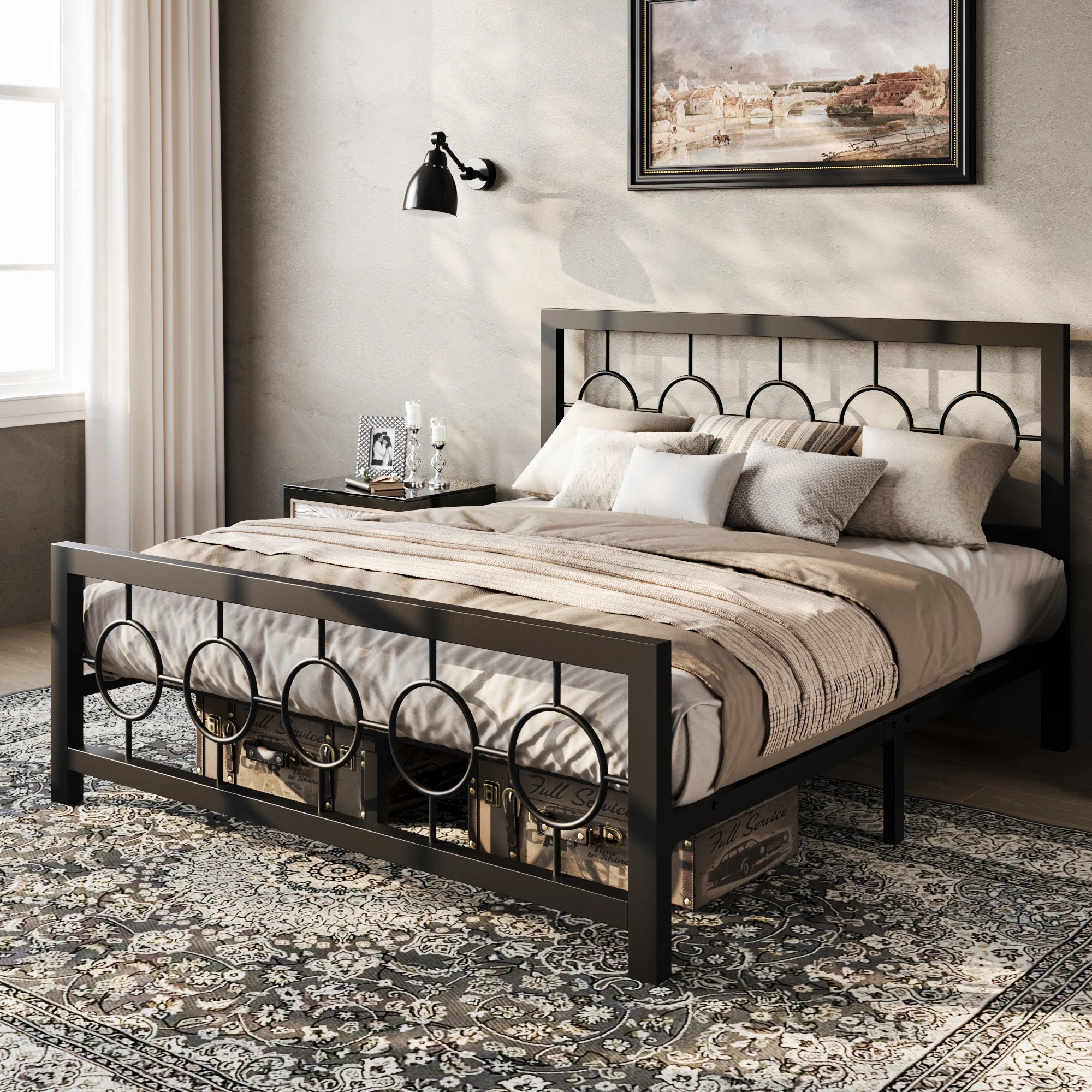 Metal Platform Frame, Circular Design Headboard/Footboard, Under Bed Storage