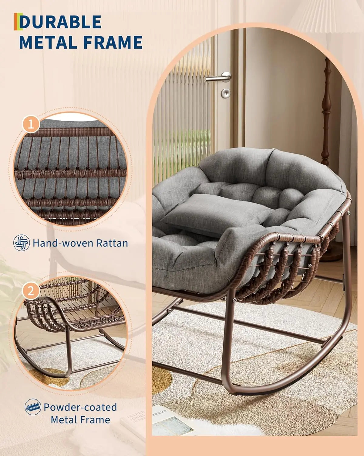 Oversized Wicker Papasan Rocking Chair, Cushion & Metal Frame