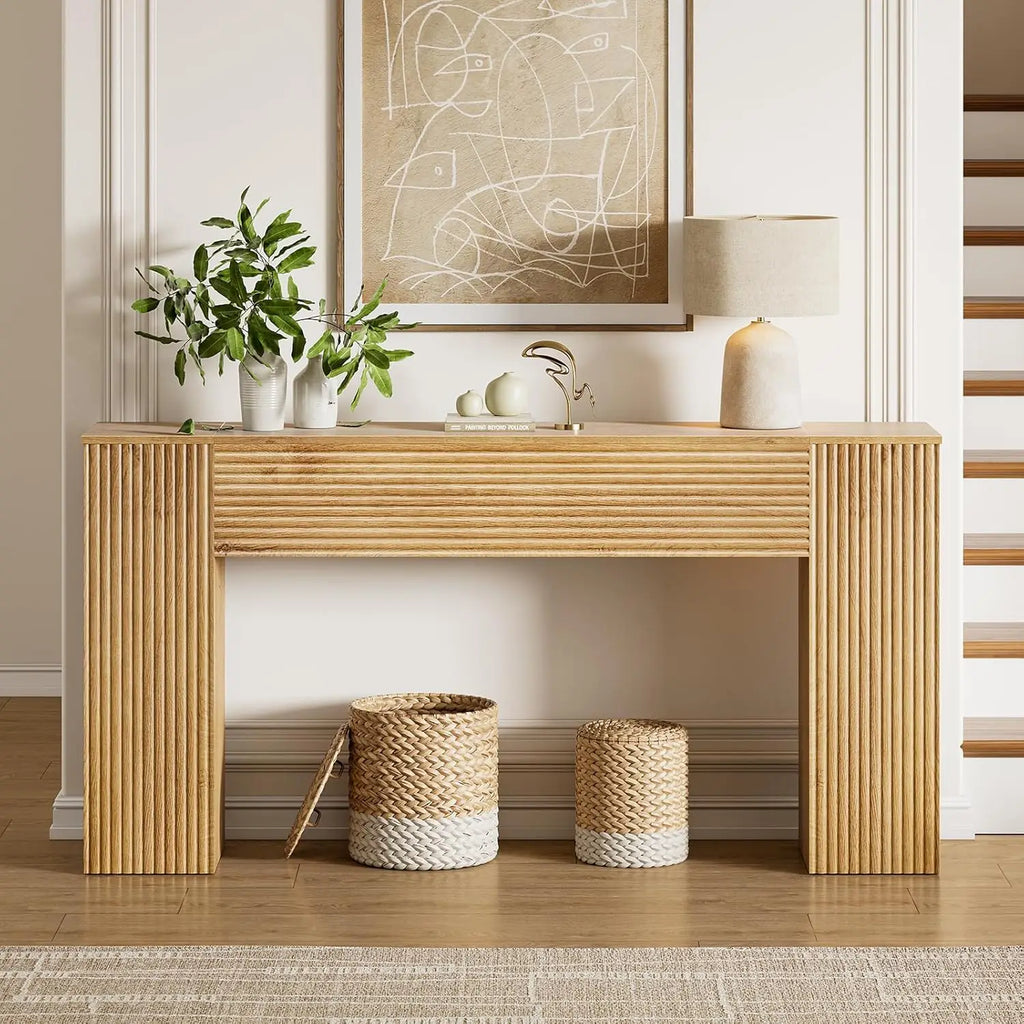 61'' Fluted Console Wooden Rectangular Table, 2 Hidden Storage