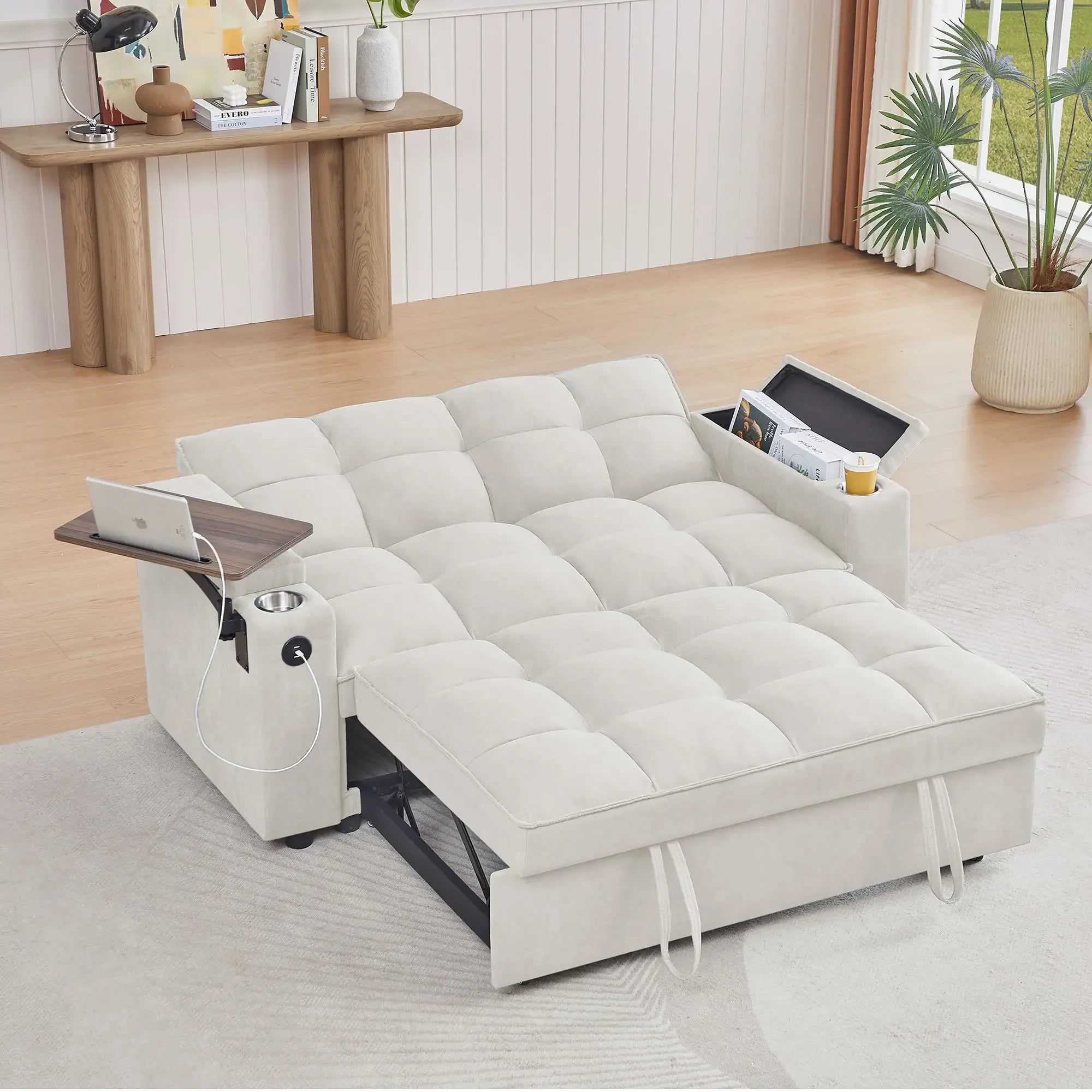 65'' 3-in-1 Folding, Pullout, Convertible Sofa Bed, 360° Swivel Side Table