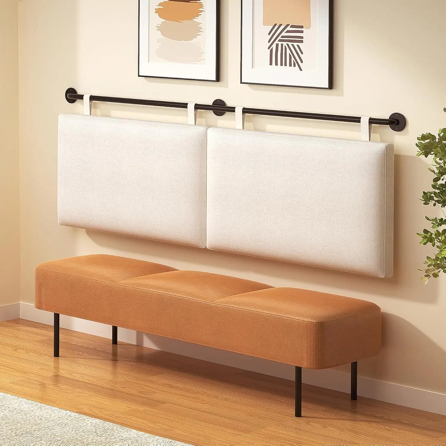 King Size Wall Mounted Upholstered Headboard Linen Fabric, Beige