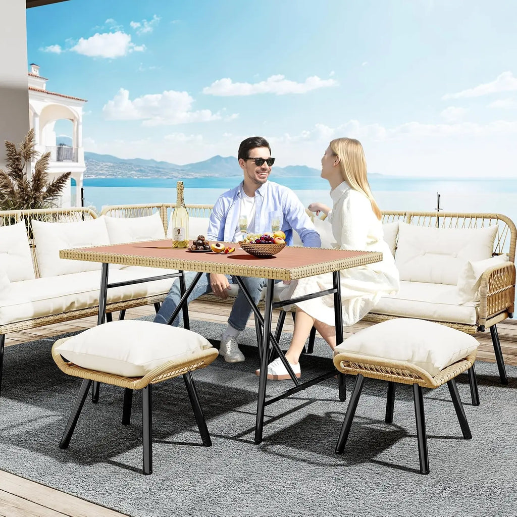 Rattan L-Shaped Patio Sofa Set, Soft Cushions, 2-Ottomans, Plastic Wood Dining Table