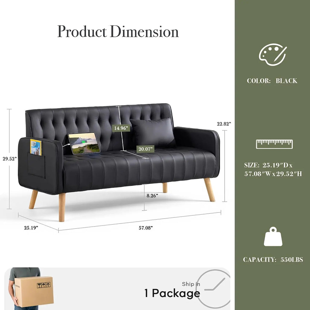 57Inch Tufted Faux Leather Loveseat Couch, USB Charging Ports Side Pockets