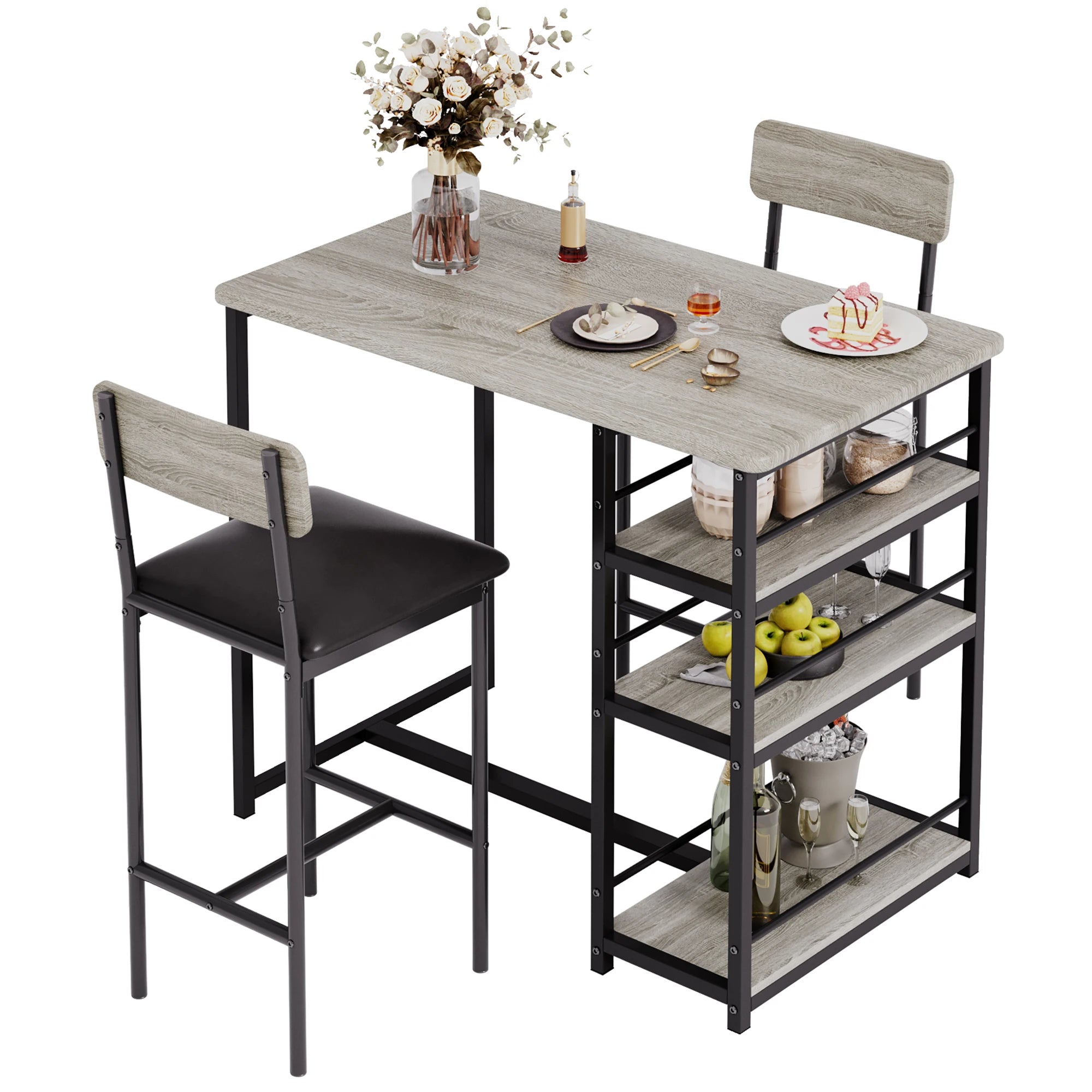 Dining Table Set, 3-Tier Shelves  with 2 Padded Chairs