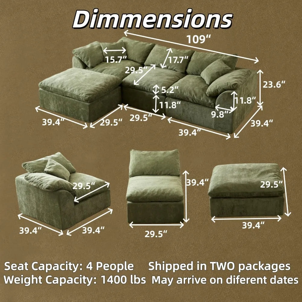 110" Cloud Sectional Couch Convertible L-Shape Boneless, Ottoman, 3 Seater