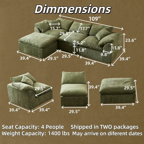 110" Cloud Sectional Couch Convertible L-Shape Boneless, Ottoman, 3 Seater