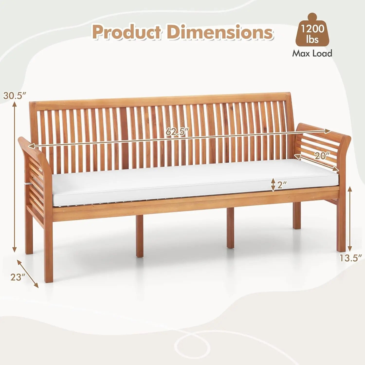 Wooden Indoor/Outdoor Bench, Cushion, Curved Armrest, Slatted Back 23x62.5x30.5