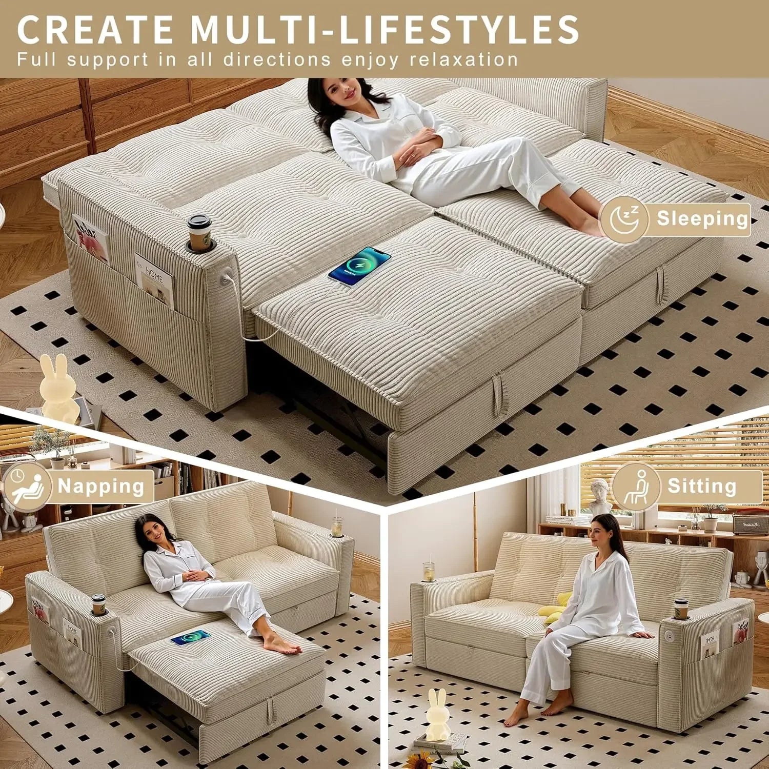 73" 2-Seater Queen Size Loveseat Sleeper Sofa, Pull Out Bed, USB