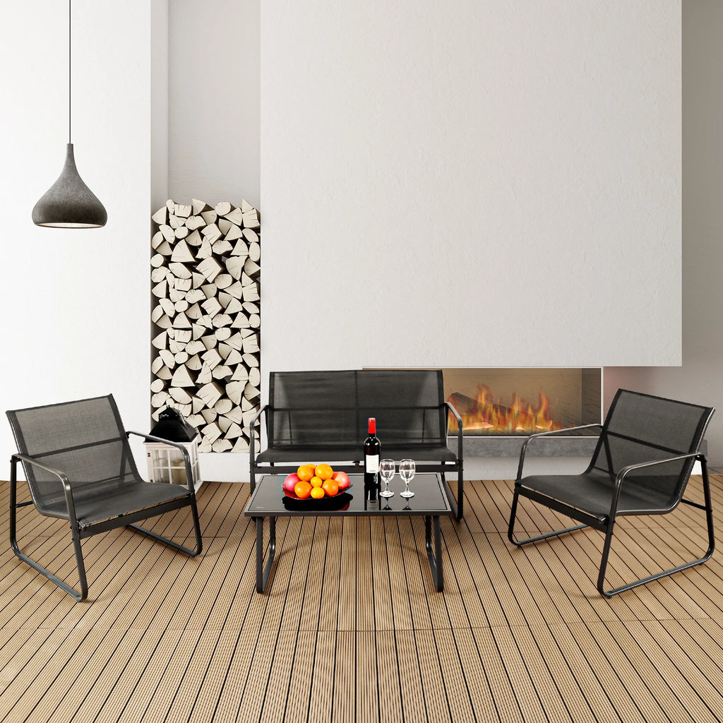 Patio 4-Piece Table Set, Metal Frame Lumbar Support, Mesh Backrest Sectional