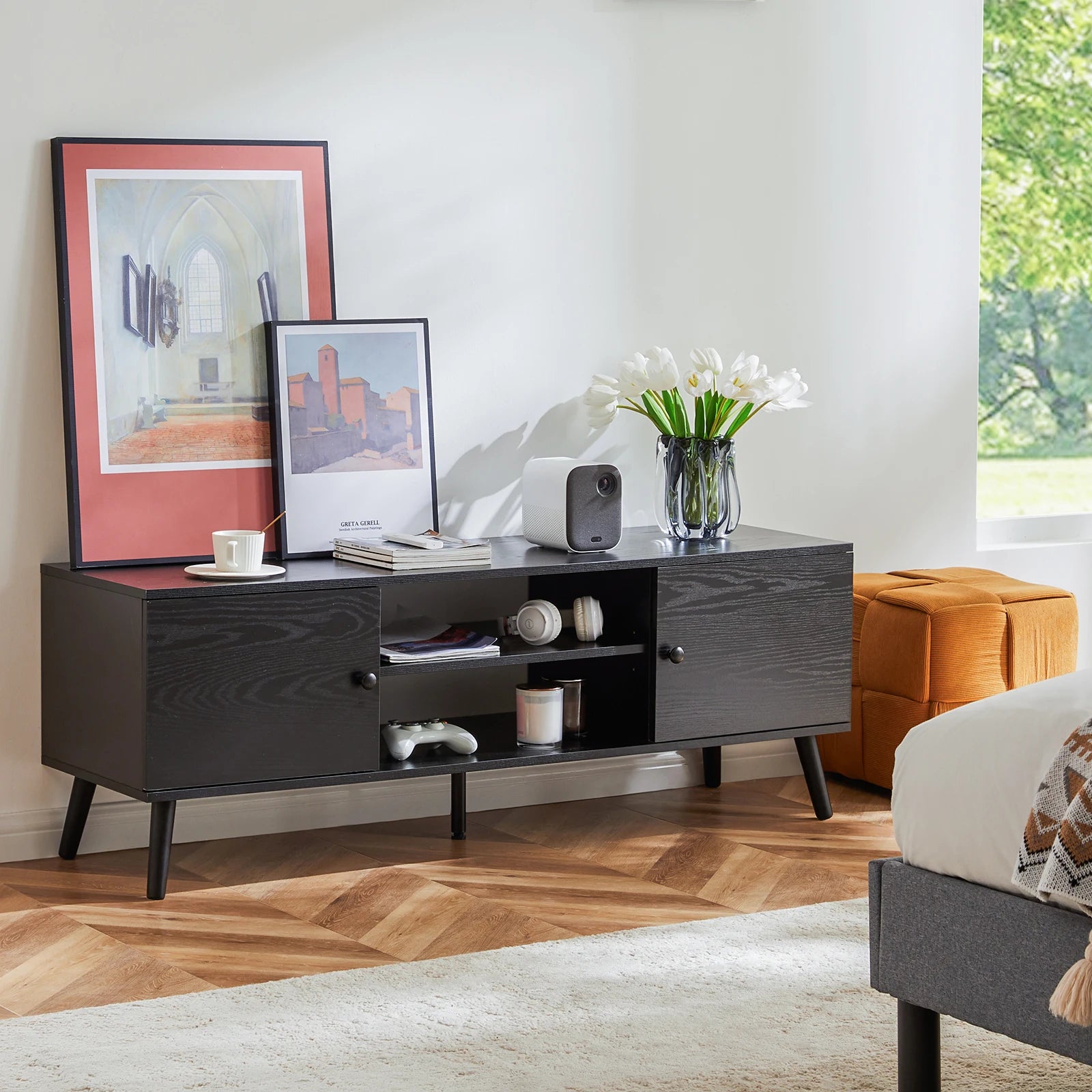 Wooden TV Stand For Up To 60 Inch TV's, Adjustable Shelf, 2 Storage